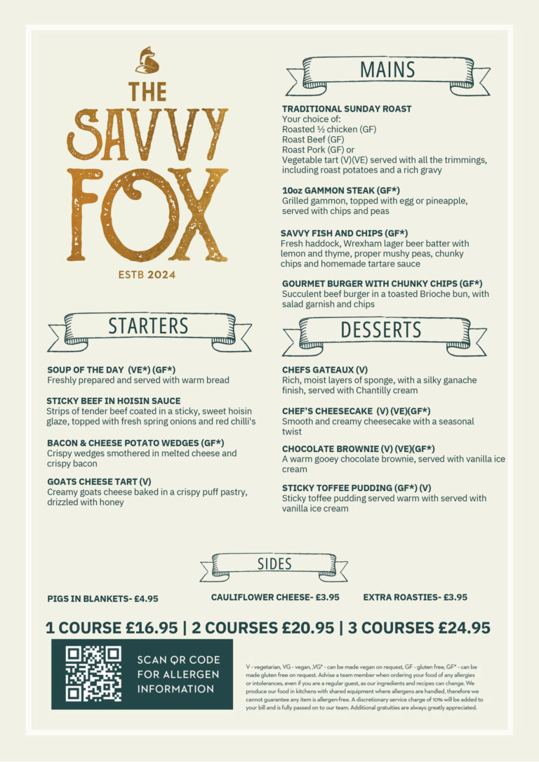 Savvy Fox Sunday Menu
