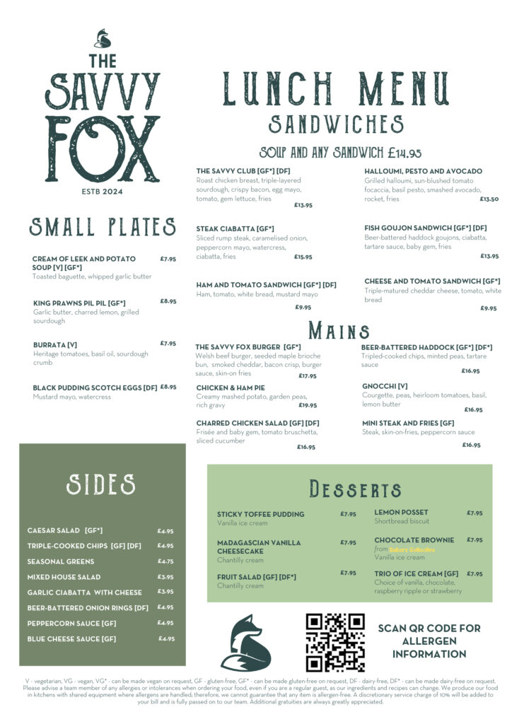 The Savvy Fox Lunch Menu September 2026